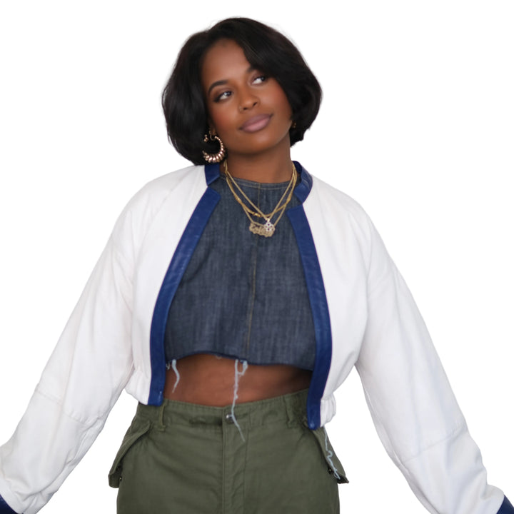 Vintage Off-White + Eggplant Leather Upcyled Cropped Jacket