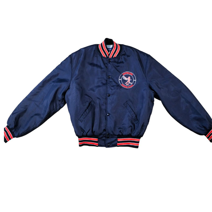 Vintage 1980s Satin Bomber Jacket  Navy & Red Alumni Patch