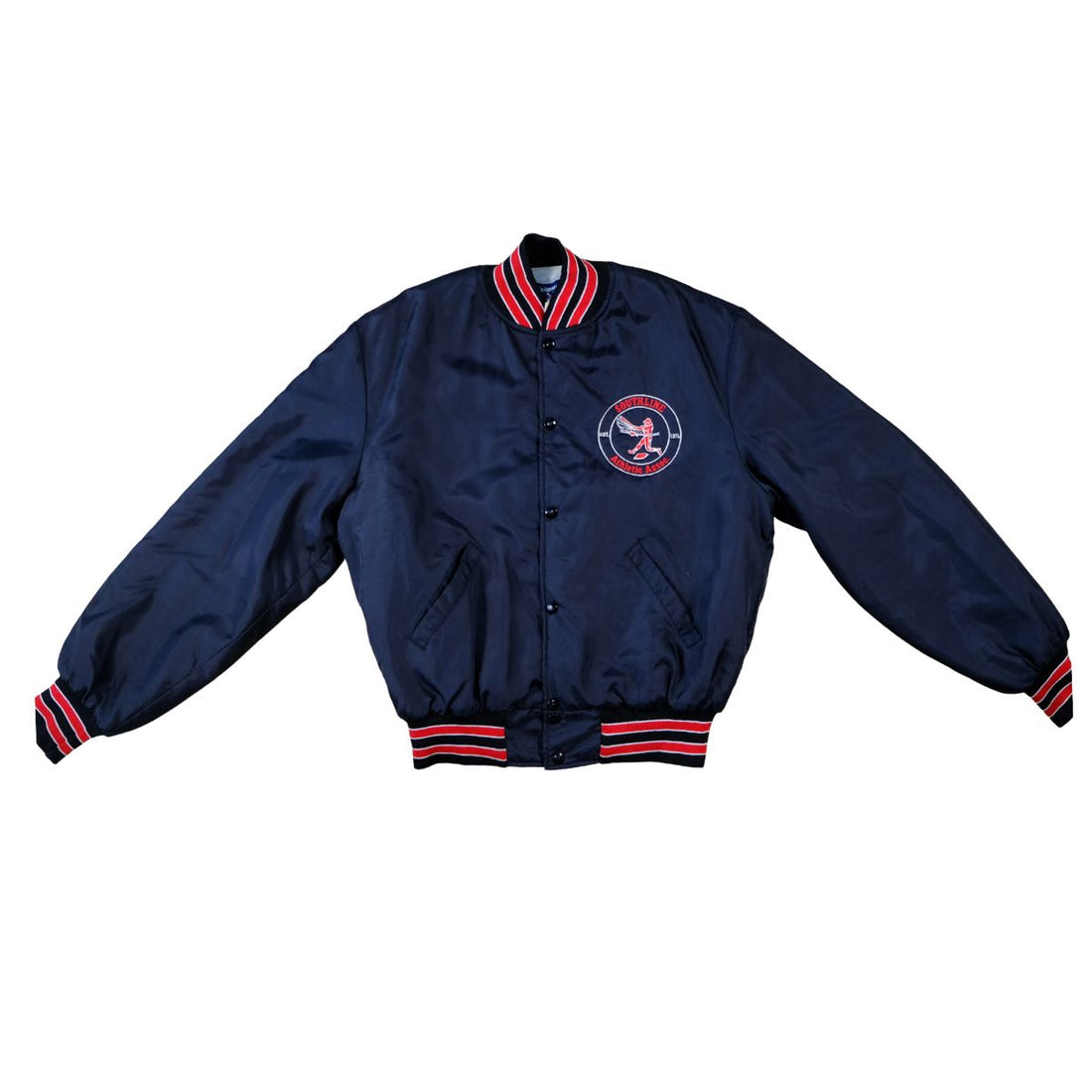 Vintage 1980s Satin Bomber Jacket  Navy & Red Alumni Patch
