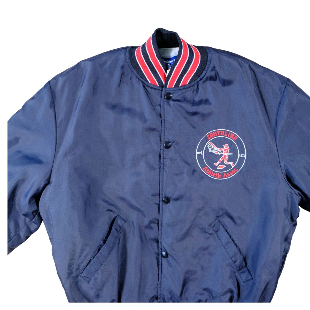 Vintage 1980s Satin Bomber Jacket  Navy & Red Alumni Patch