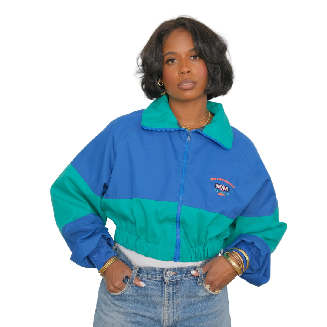 Vintage Upcycled Blue & Teal Colorblock Crop Jacket