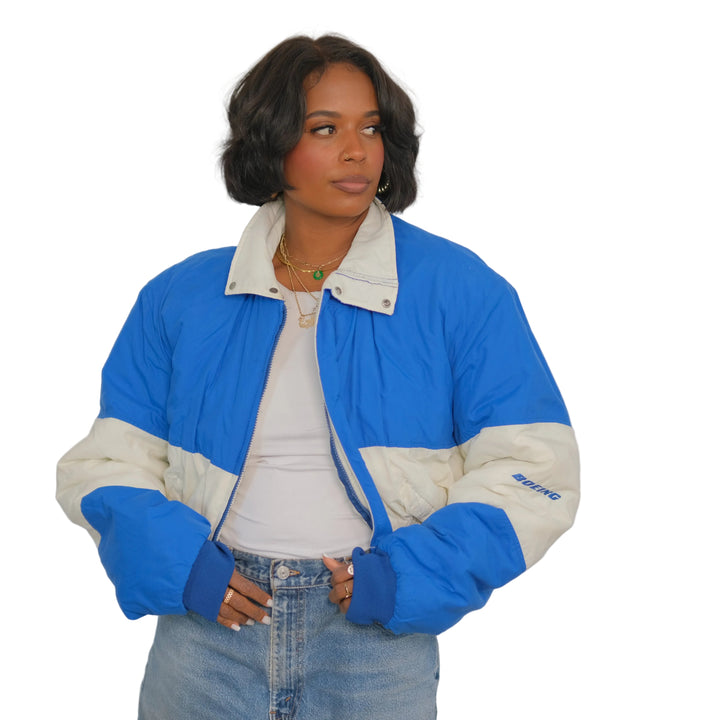 VINTAGE  Upcycle Cropped Cobalt + Cream Colorblock Jacket