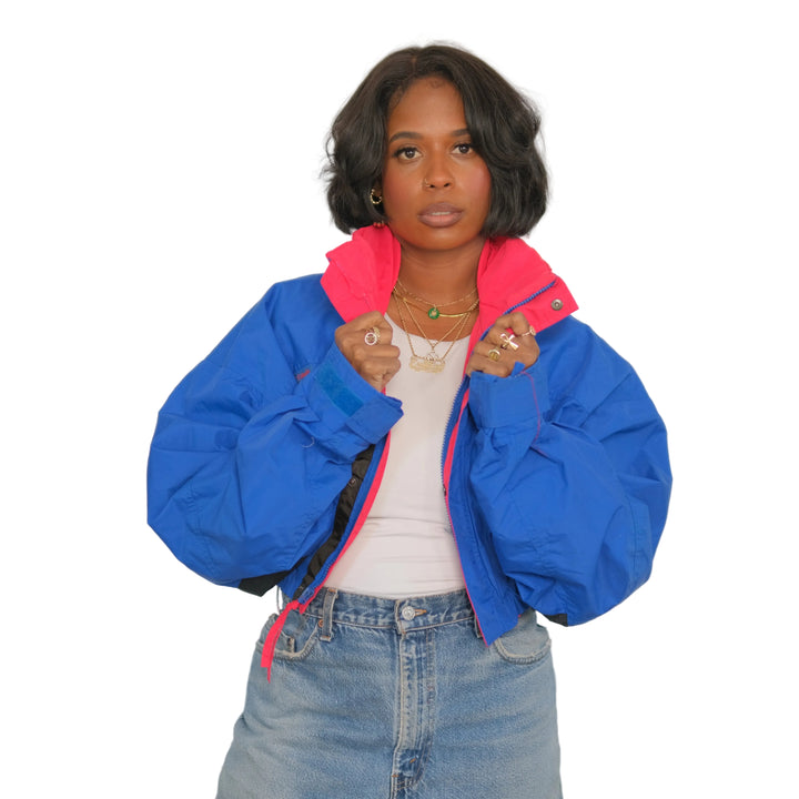 Vintage Colorblock  Upcycled Crop Jacket Cobalt + Red + Black