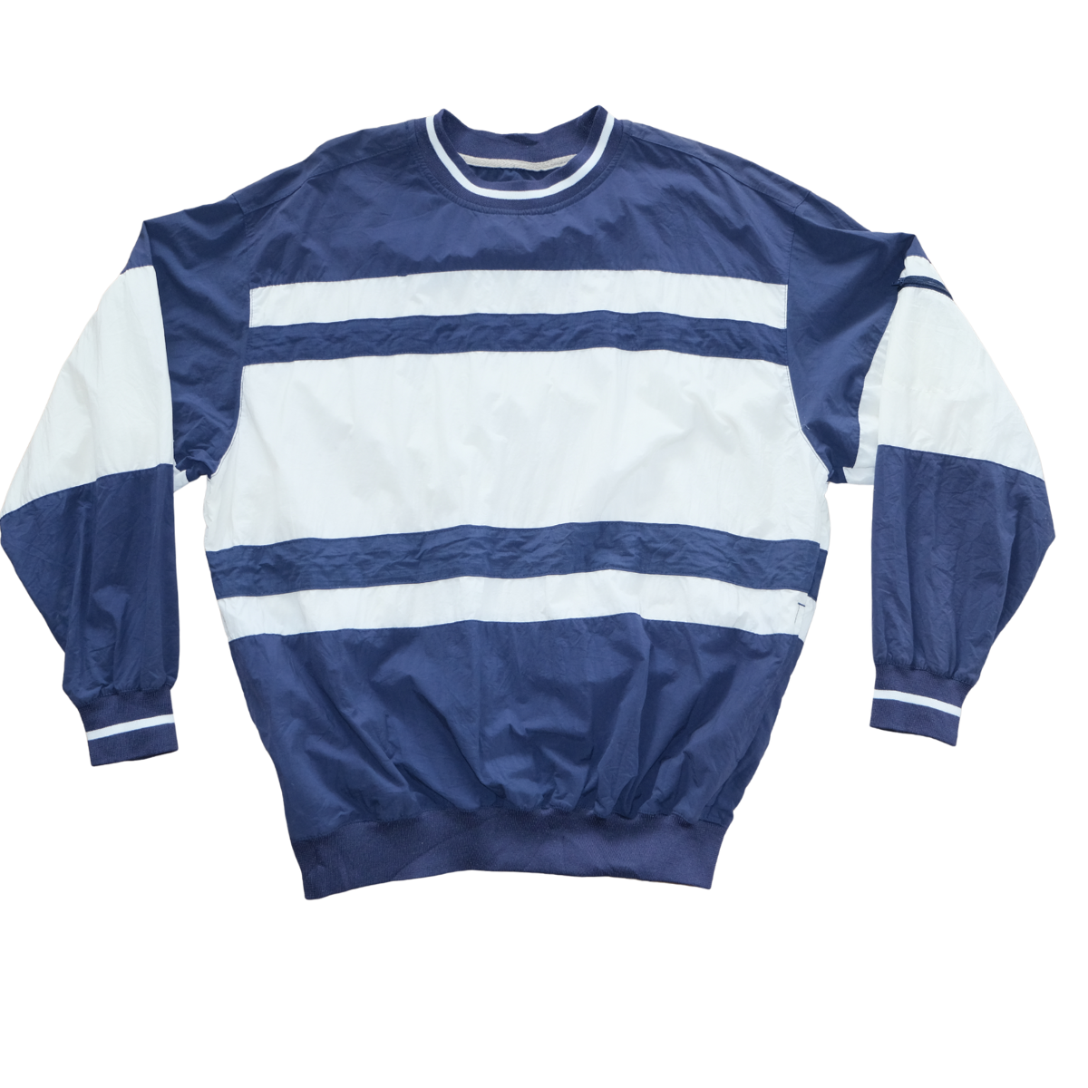 Vintage 1990s Navy & White Striped Nylon Pullover Crewneck Windbreaker  L