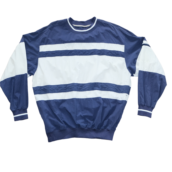 Vintage 1990s Navy & White Striped Nylon Pullover Crewneck Windbreaker  L