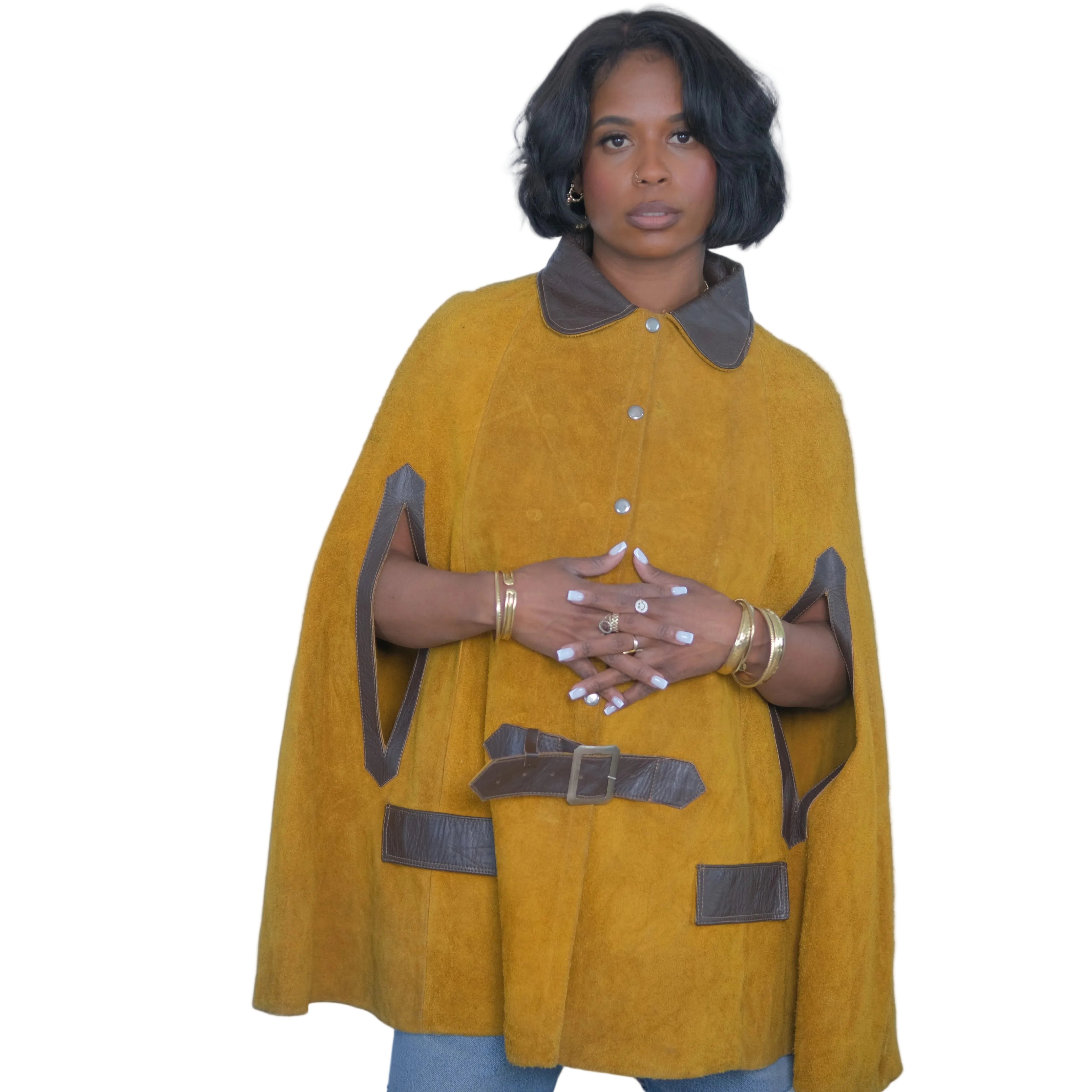 Vintage Suede + Leather Buckle Poncho Cape