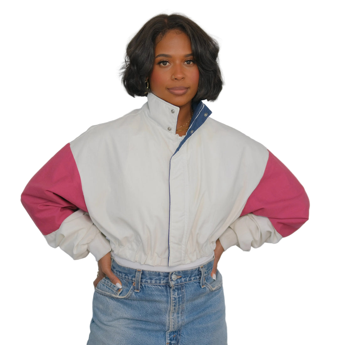 Vintage 1990s Upcycled Color block Cropped Bomber Jacket (White/Navy/Berry) M