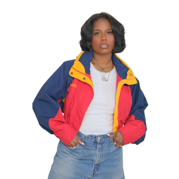 VINTAGE Firecracker + Midnight Navy Upcycled Crop Hooded Jacket