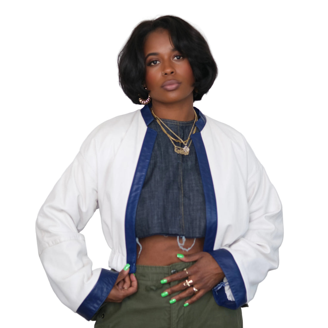 Vintage Off-White + Eggplant Leather Upcyled Cropped Jacket