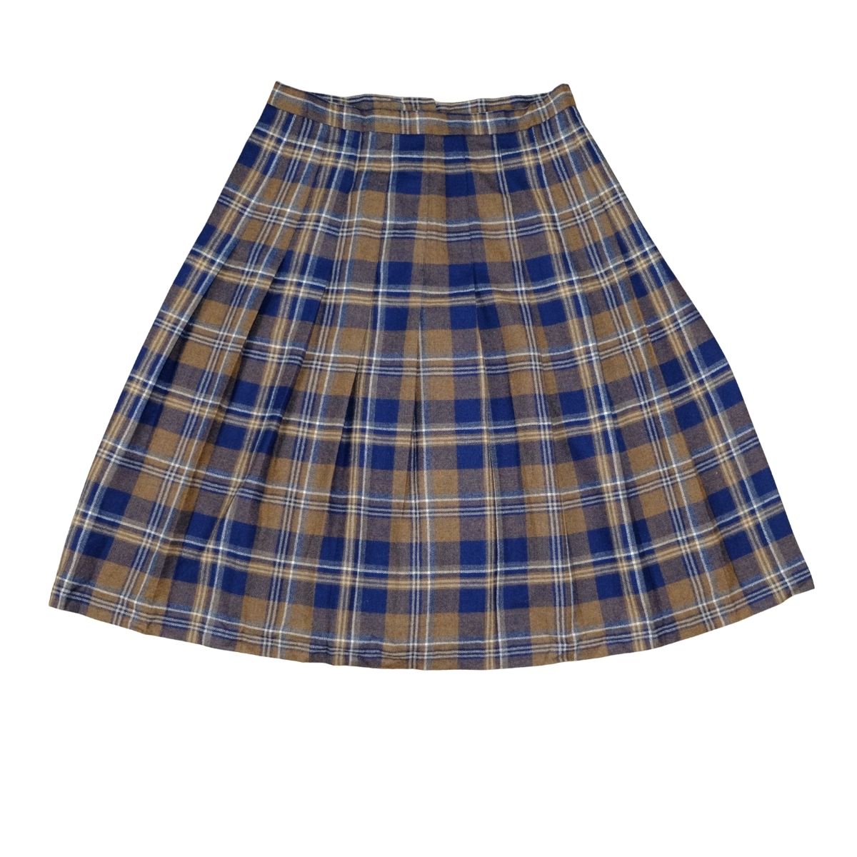 Vintage Navy & Camel Plaid Pleated Skirt