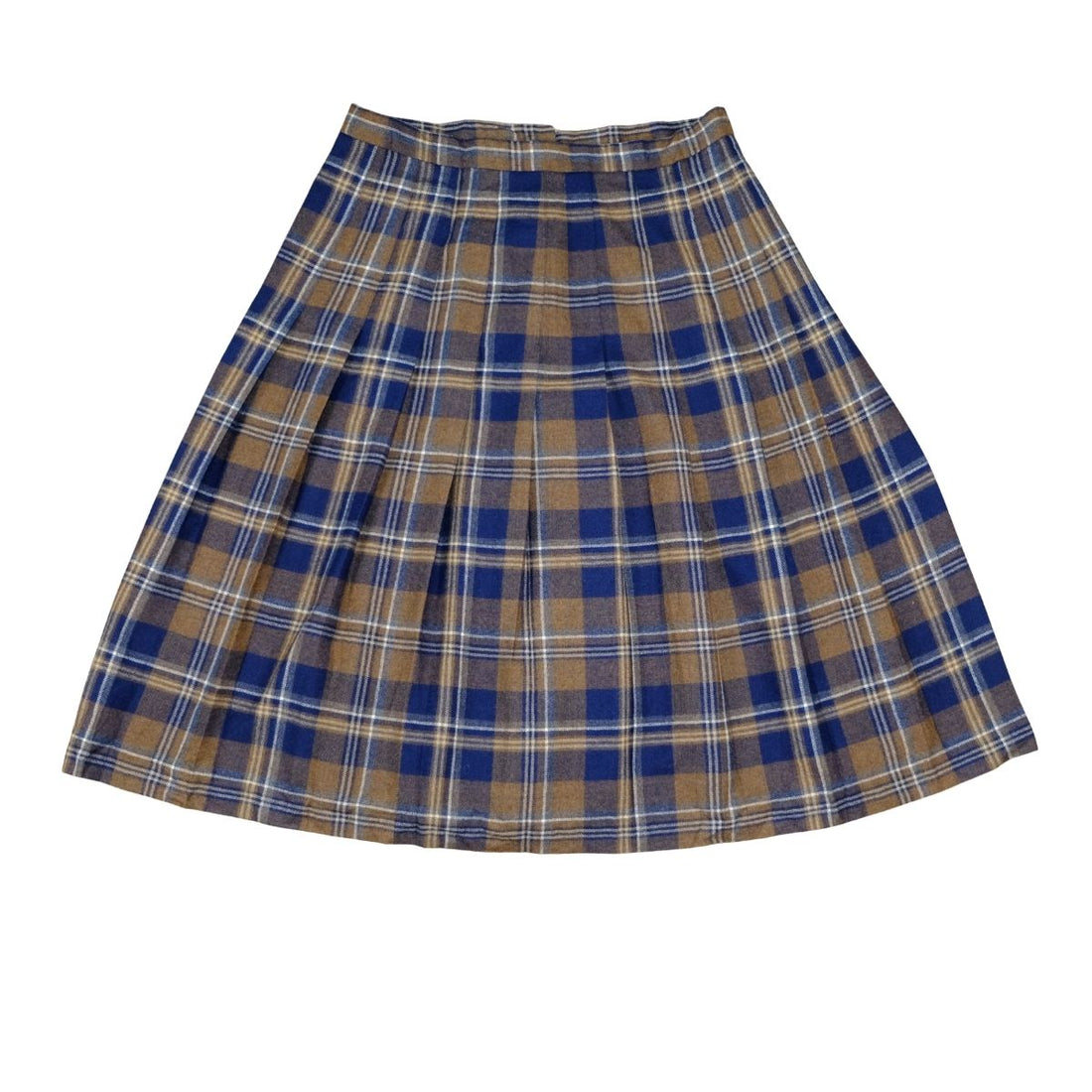 Vintage Navy & Camel Plaid Pleated Skirt