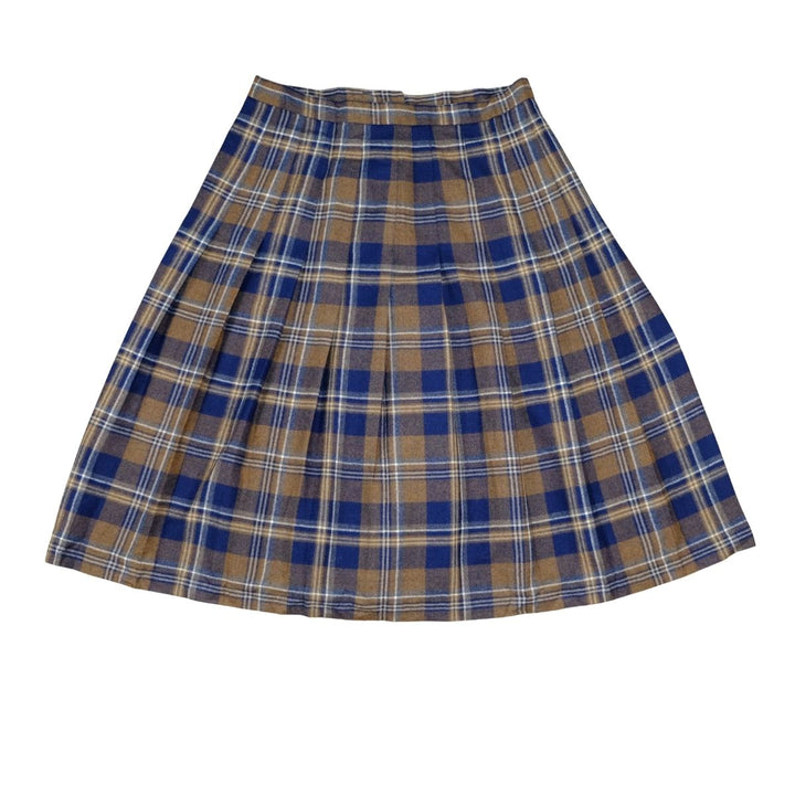 Vintage Navy & Camel Plaid Pleated Skirt