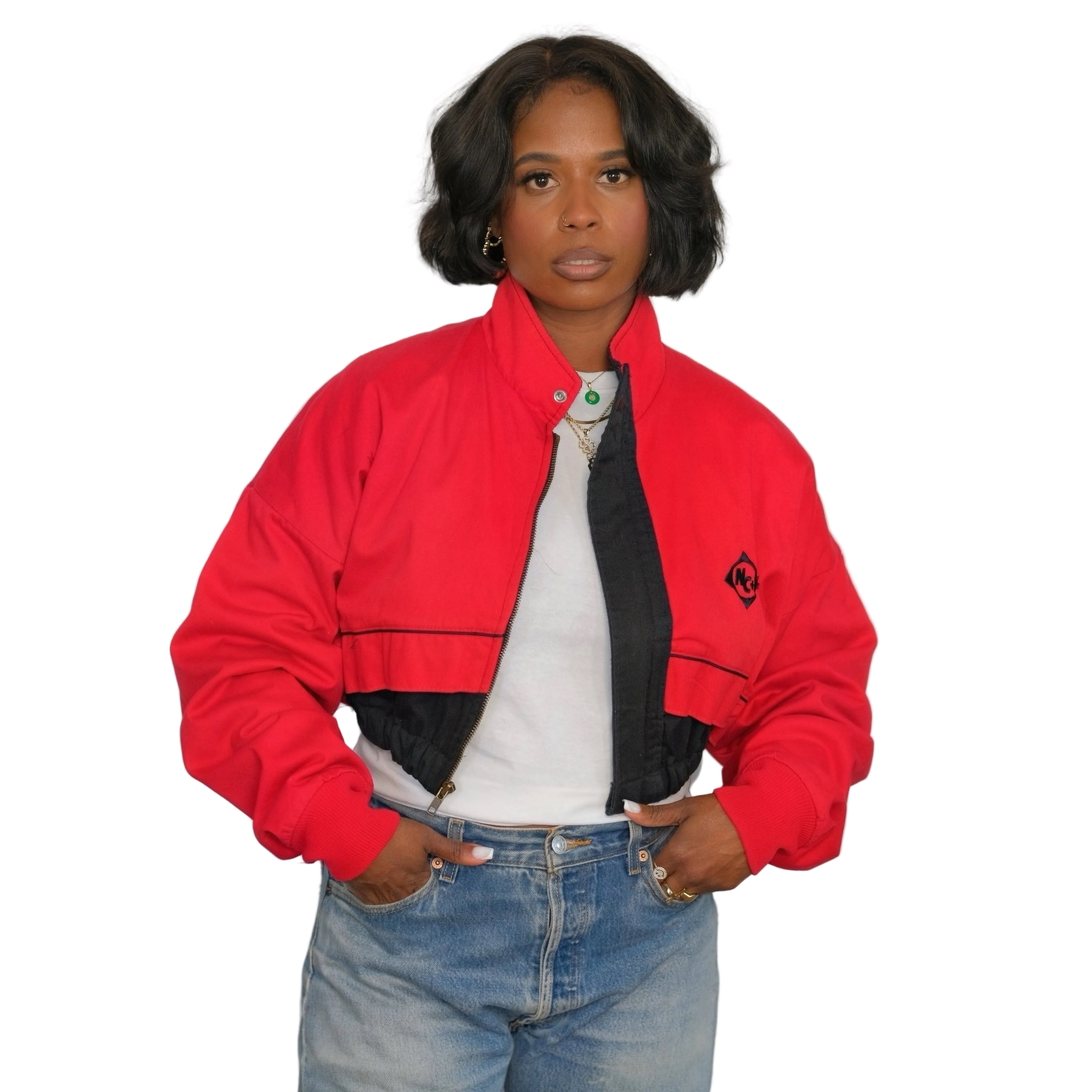 VINTAGE Upcycled Red + Black Cropped Track Jacket