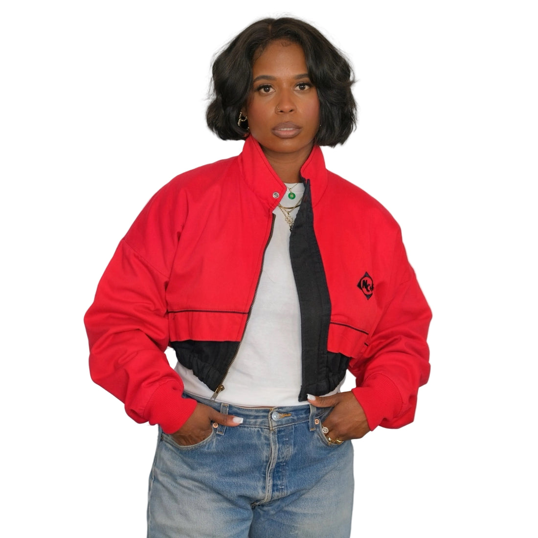 VINTAGE Upcycled Red + Black Cropped Track Jacket