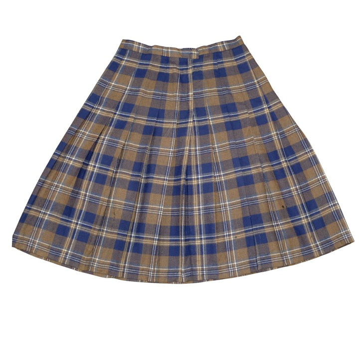 Vintage Navy & Camel Plaid Pleated Skirt