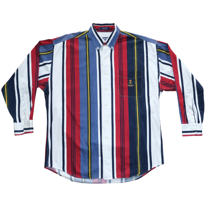 Vintage 1990s CHAPS Ralph Lauren Bold Vertical Stripe Button Down Shirt (Crest Pocket)  L