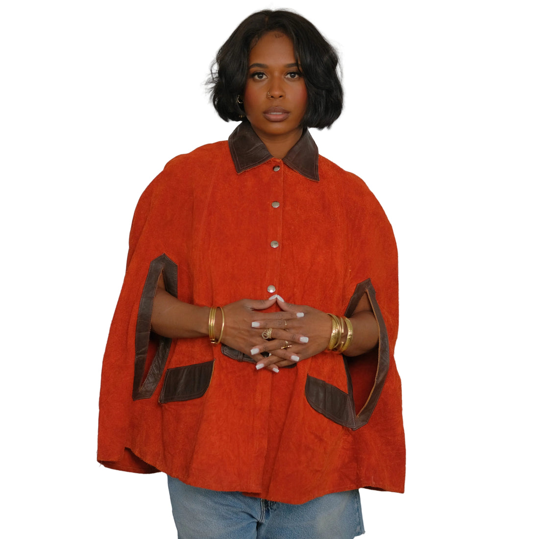Vintage Suede + Leather Buckle Poncho Cape