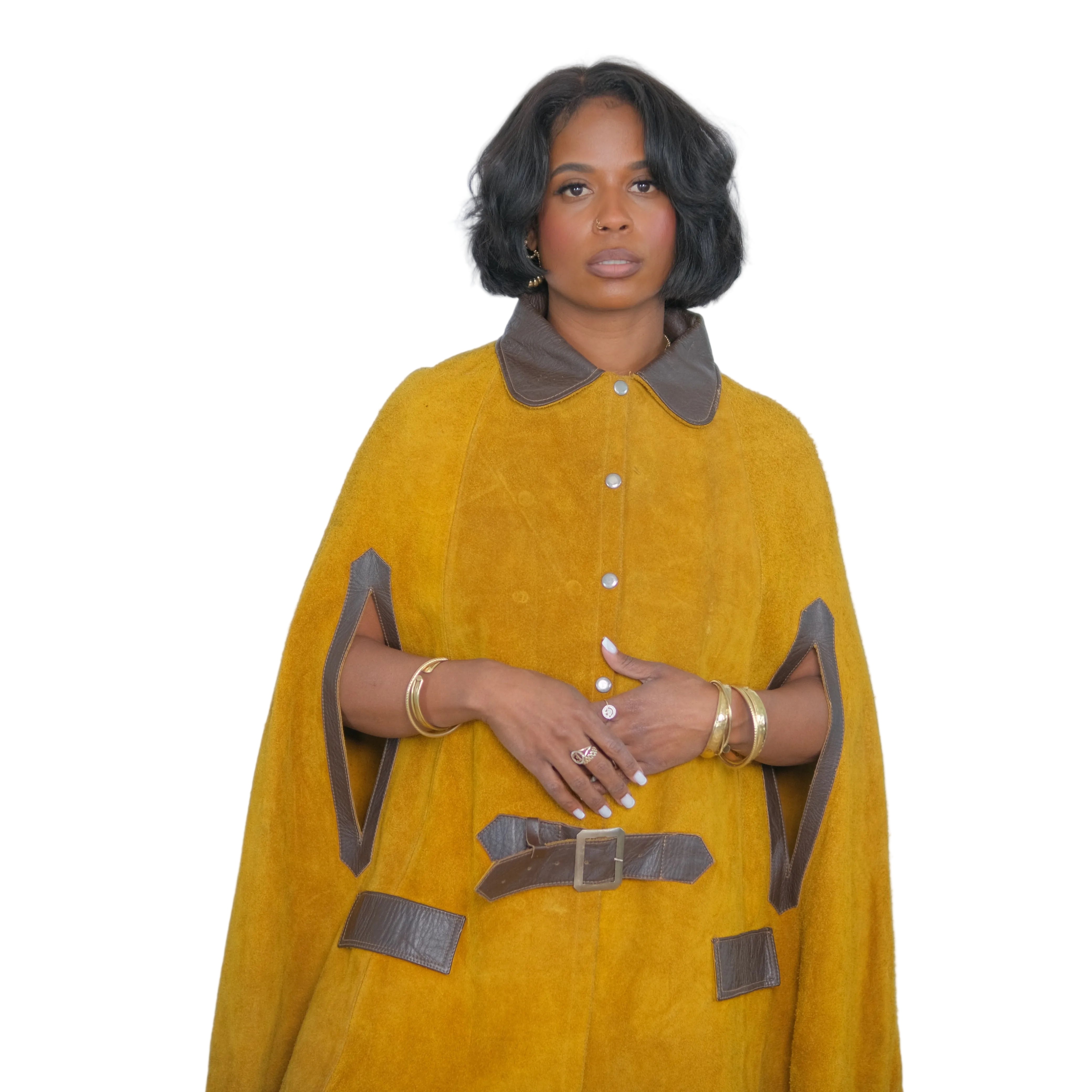 Vintage Suede + Leather Buckle Poncho Cape