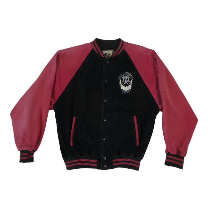 Black and pink varsity jacket with a logo on a white background