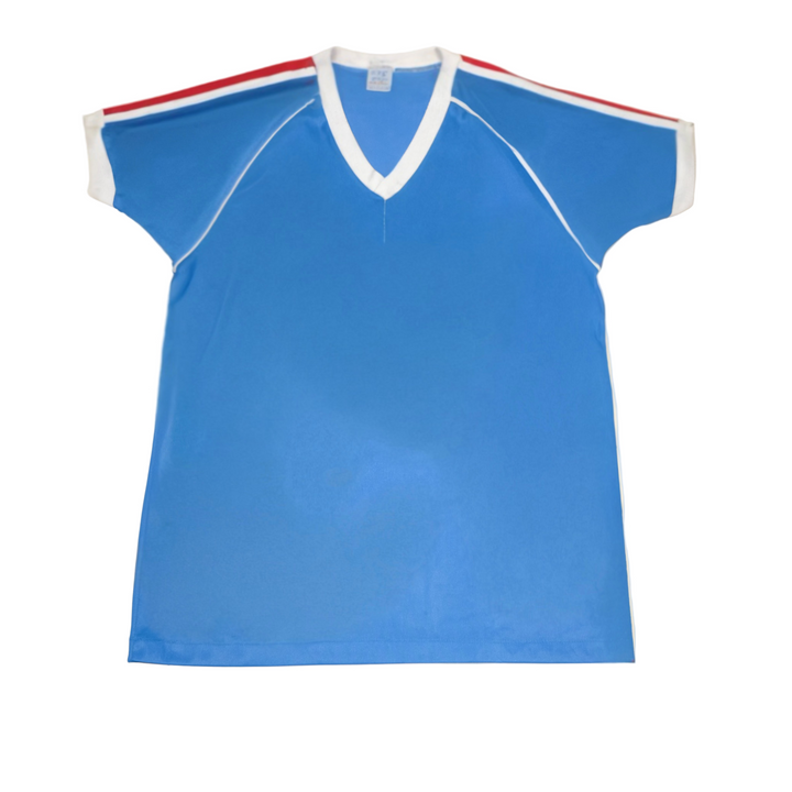 Blue sports jersey with red and white accents on a beige background