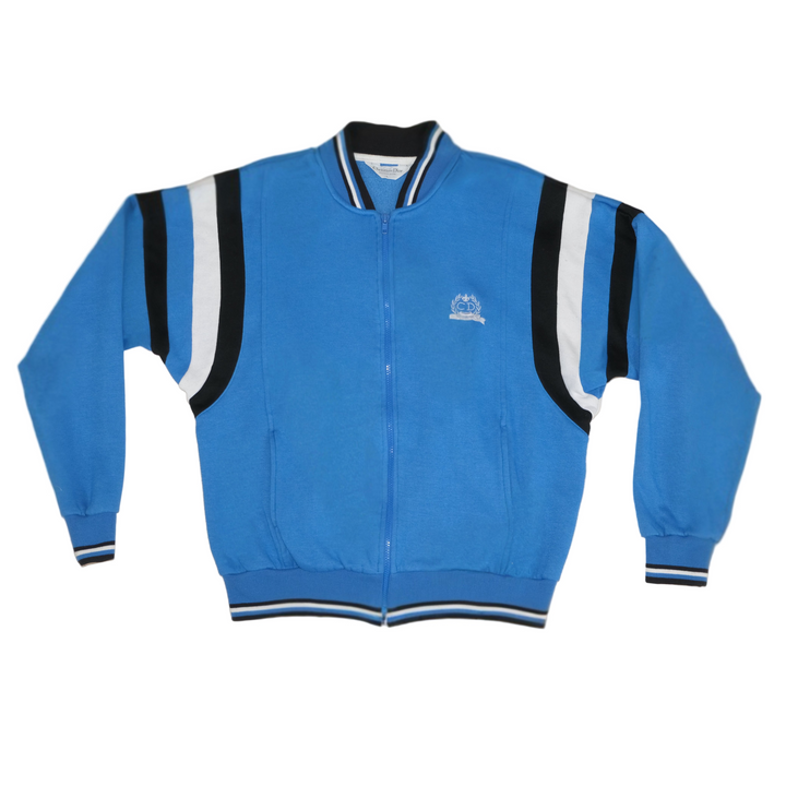Blue tracksuit jacket with black and white accents on a beige background