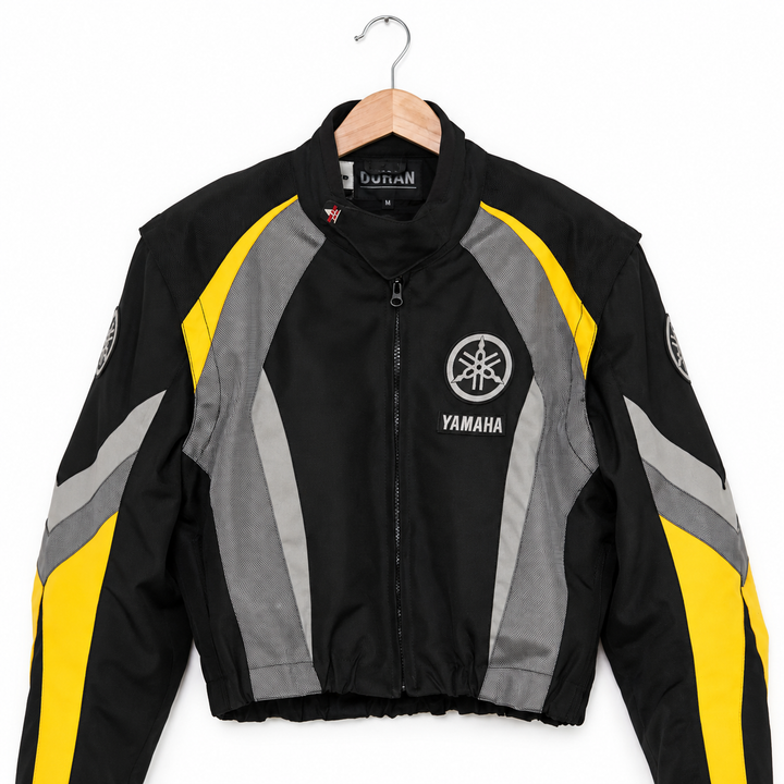 One-of-One Reworked Vintage Yamaha Black & Yellow Cropped Moto Jacket | Medium