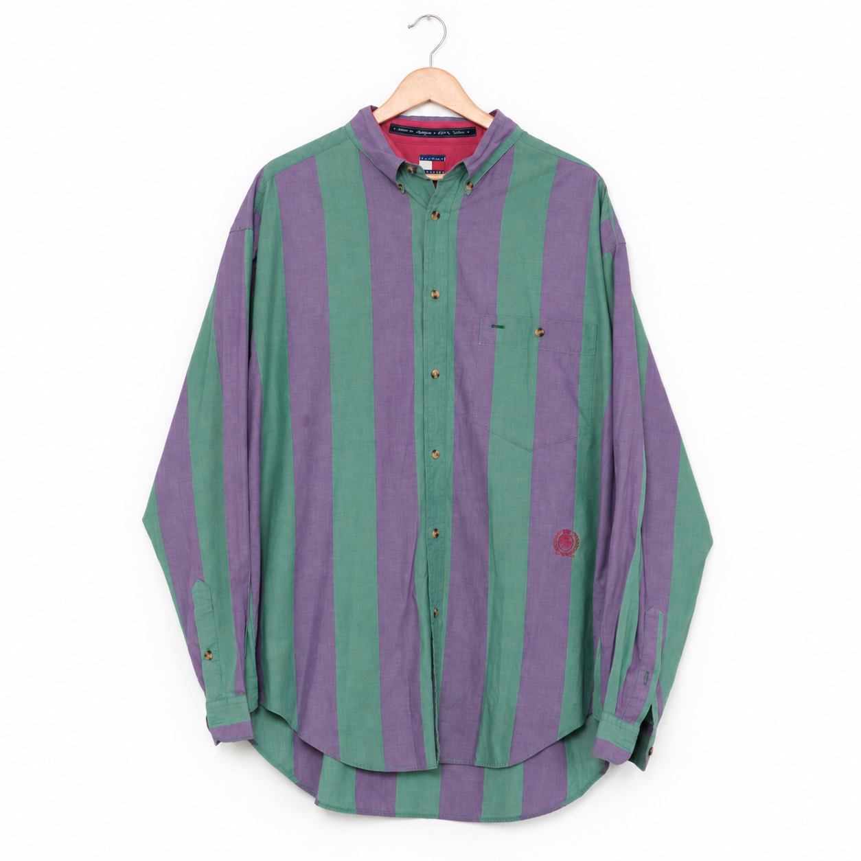 Vintage 90’s Tommy Hilfiger Green & Purple Stripe Shirt | Men’s Large