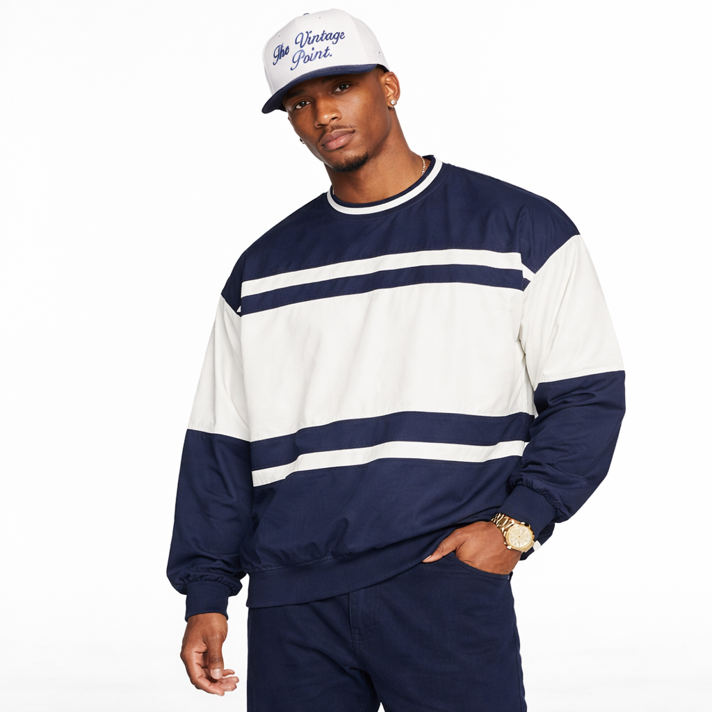 Vintage 1990s Navy & White Striped Nylon Pullover Crewneck Windbreaker  L