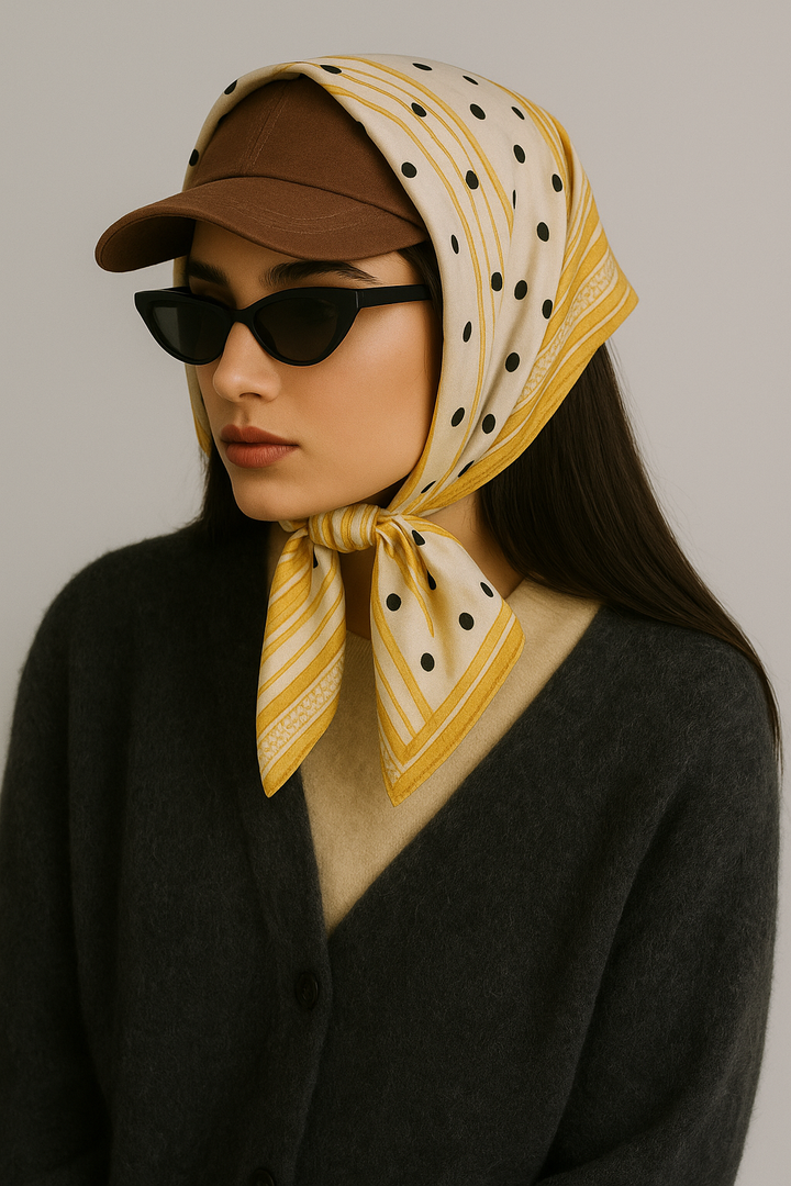 1960s Dot-Grid Silk Scarf  Sunburst Yellow & Ivory