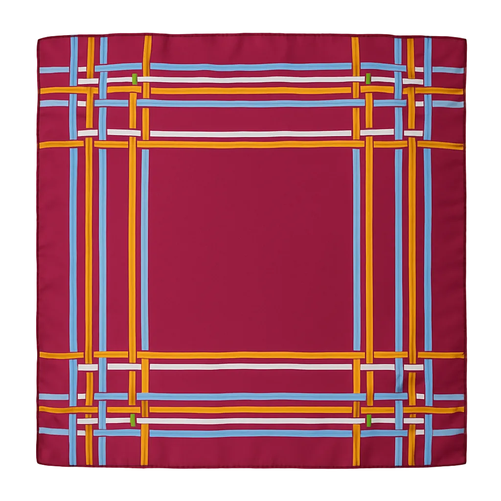 1970s Ribbon-Grid Silk Scarf  Cherry, Marigold & Sky