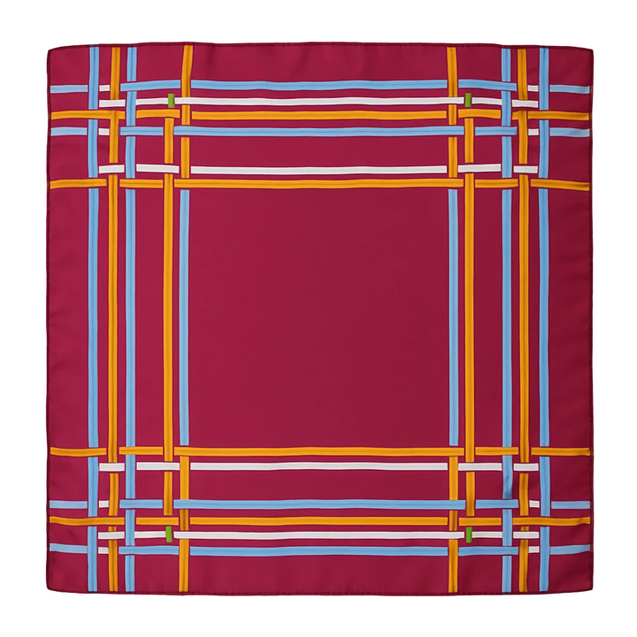 1970s Ribbon-Grid Silk Scarf  Cherry, Marigold & Sky