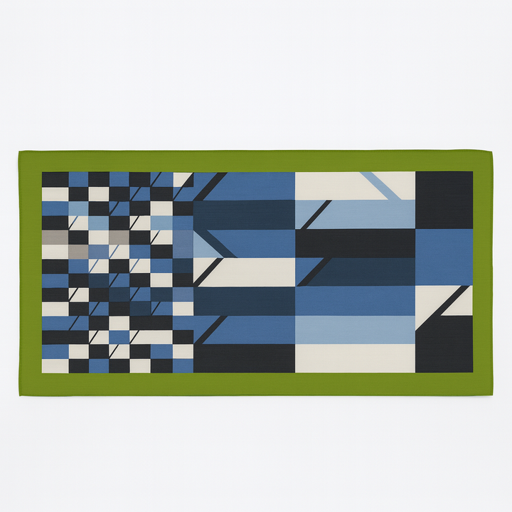 1970s Abstract Check Oblong Silk Scarf  Blues, Charcoal & Olive