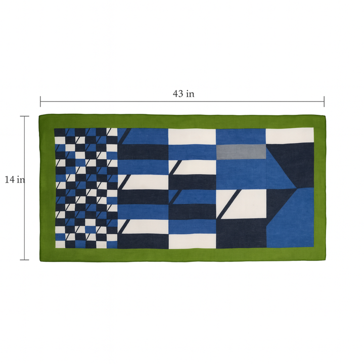 1970s Abstract Check Oblong Silk Scarf  Blues, Charcoal & Olive