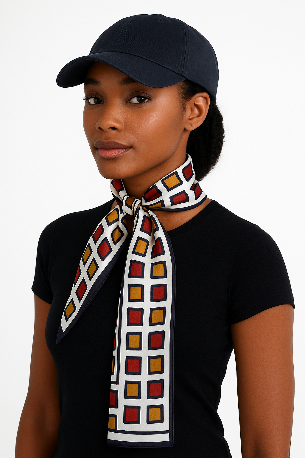 1960s Mod Oblong Silk Scarf  Navy, Cherry & Marigold