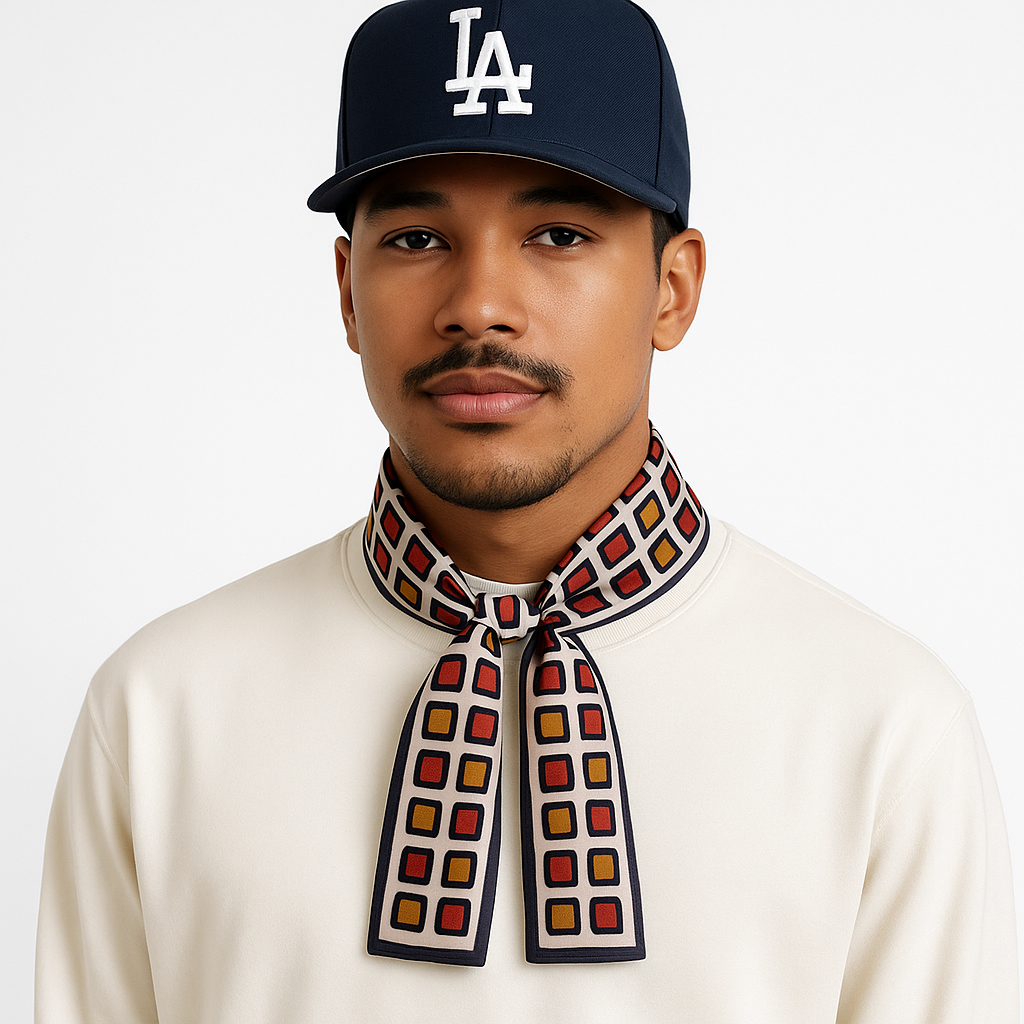 1960s Mod Oblong Silk Scarf  Navy, Cherry & Marigold