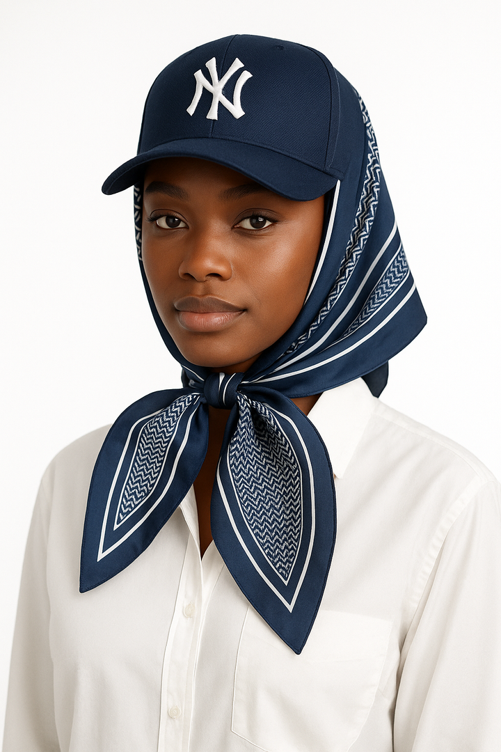 1970s Concentric Geo Silk Scarf  Navy & Ivory