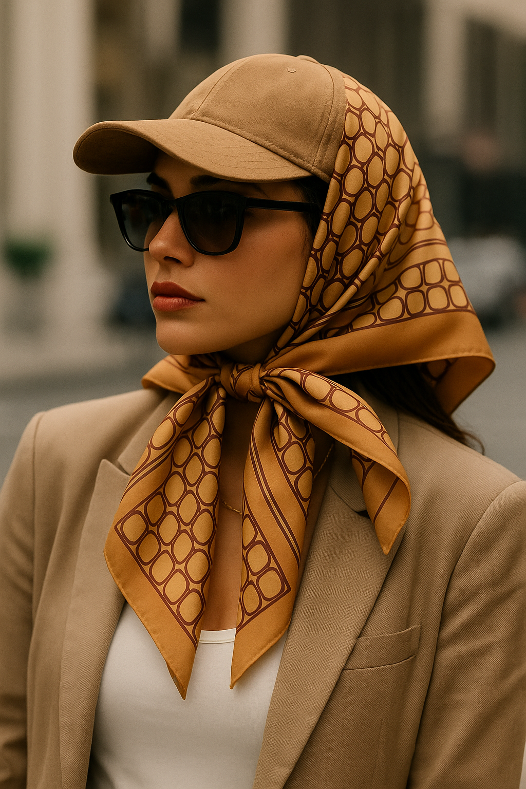 1970s Chain-Link Silk Scarf  Peach, Plum & Marigold