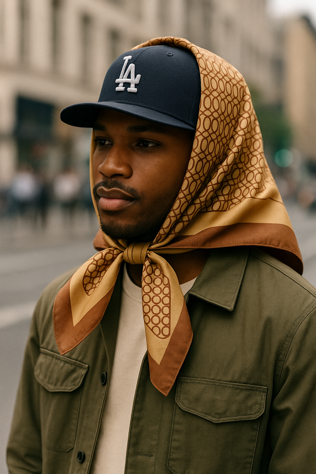 1970s Chain-Link Silk Scarf  Peach, Plum & Marigold