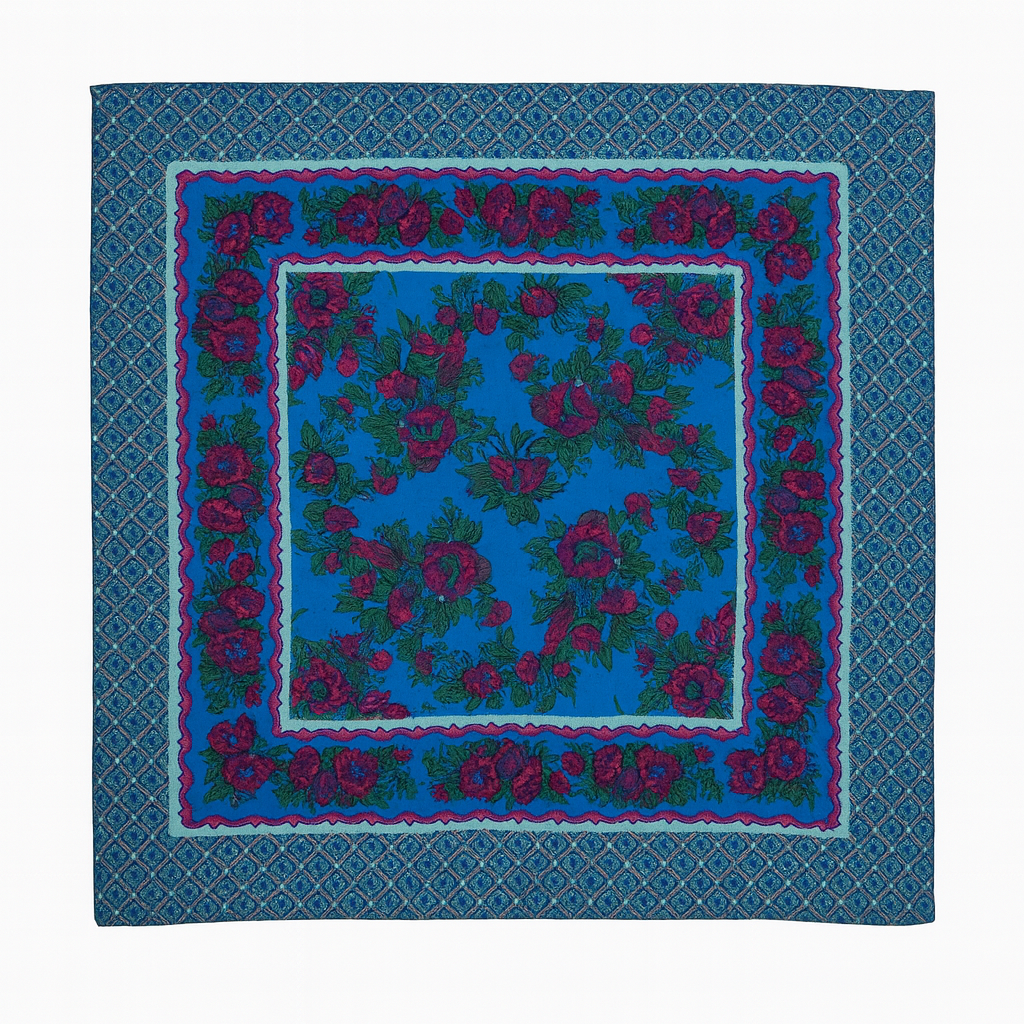 1970s Floral-Frame Silk Scarf  Cobalt, Berry & Teal