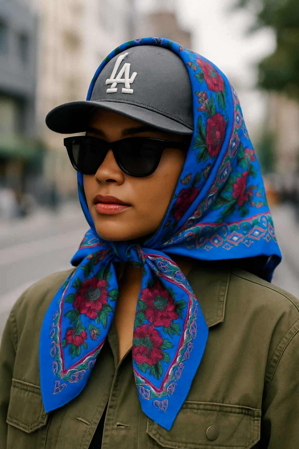 1970s Floral-Frame Silk Scarf  Cobalt, Berry & Teal