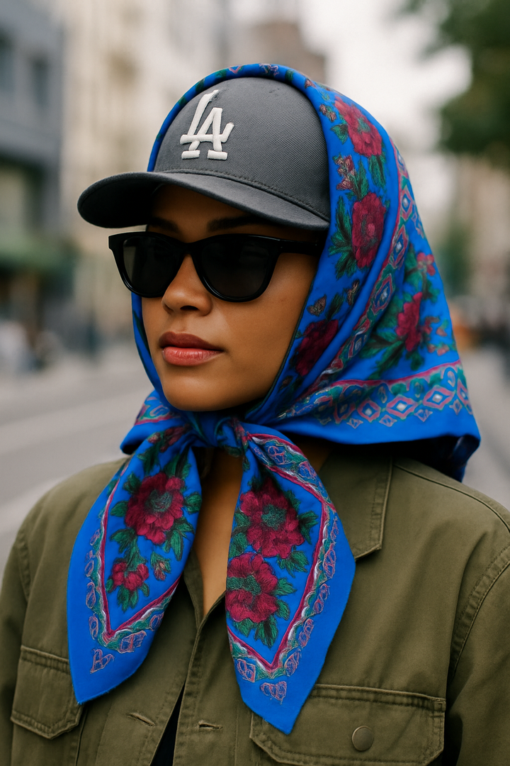 1970s Floral-Frame Silk Scarf  Cobalt, Berry & Teal