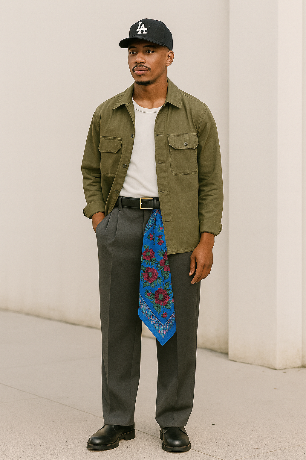 1970s Floral-Frame Silk Scarf  Cobalt, Berry & Teal