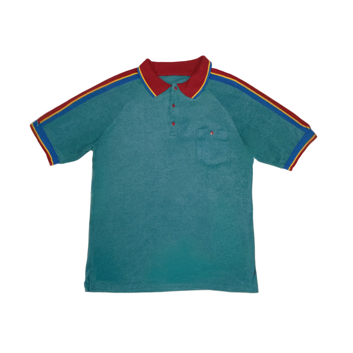 Teal polo shirt with colorful collar and sleeve trim on a beige background