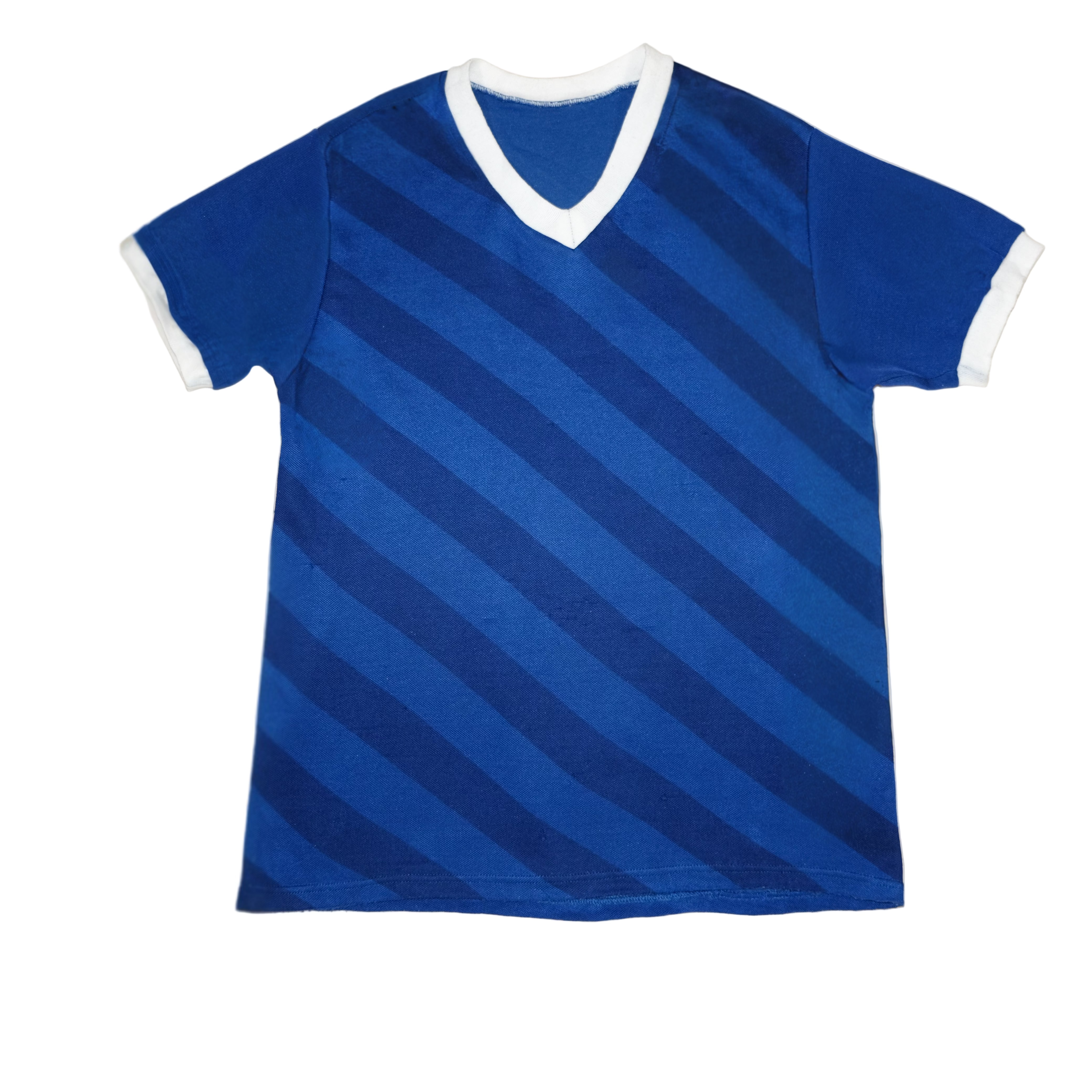 Blue striped t-shirt with white trim on a beige background