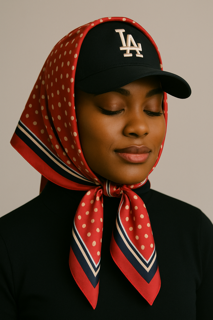 1970s Dot-Fade Silk Scarf Red, Ivory & Navy