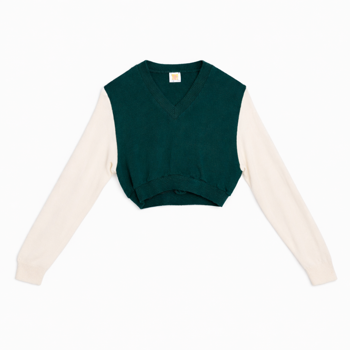 VINTAGE Upcycled “Pine Green & Vanilla” Colorblock Crop Knit