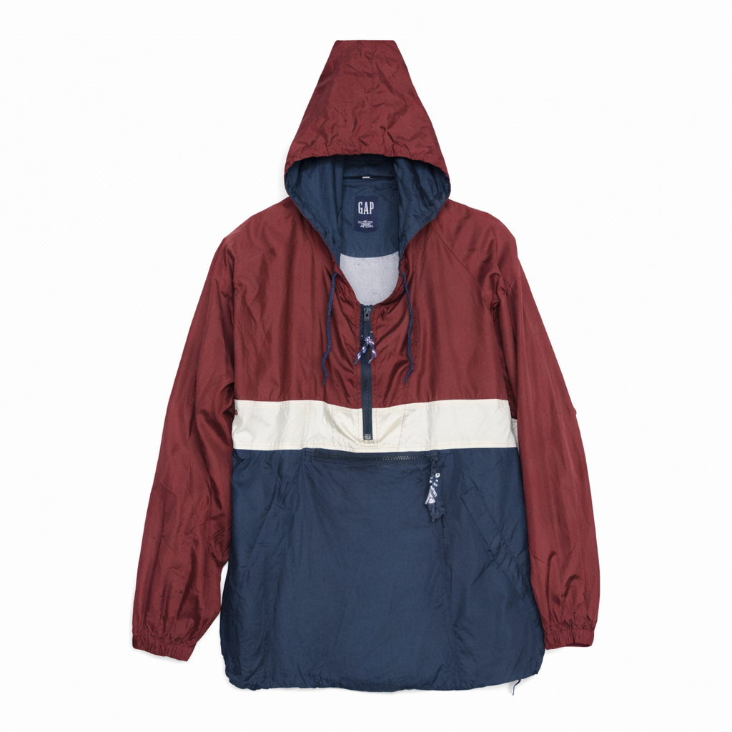 Vintage GAP Hooded Half-Zip Anorak Jacket  Burgundy/Navy/Cream Colorblock (XL)
