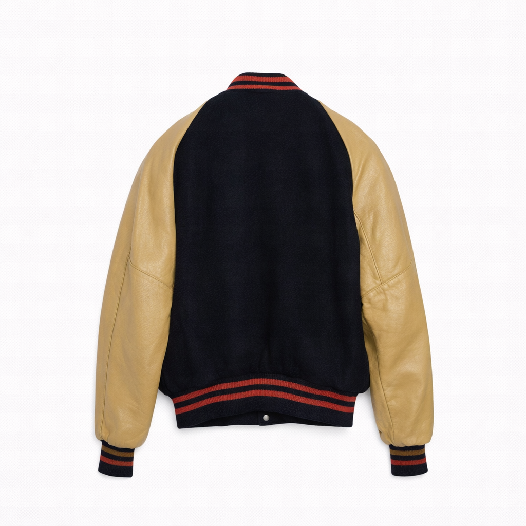 Vintage Leather Sleeve Varsity Jacket Midnight Navy Wool Body w/ Tan Leather Sleeves