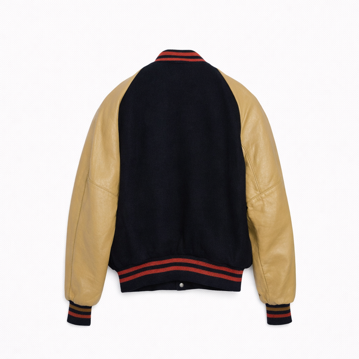 Vintage Leather Sleeve Varsity Jacket Midnight Navy Wool Body w/ Tan Leather Sleeves