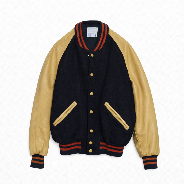 Vintage Leather Sleeve Varsity Jacket Midnight Navy Wool Body w/ Tan Leather Sleeves